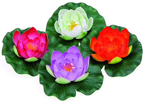 Pontec PondoLily, mehrfarbig, bunt - schwimmende Seerosen, vier unterschiedliche Farben, Kunststoffseerose für Gartenteich