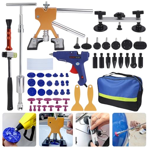 Putentfun Reparaturset für Karosserie, 66-teilig, lackfreies Dellenentfernungs-Set, Auto-Dellenentferner, mit goldenem Dellenzieher, T-Stangenabzieher, Brückenabzieher für Auto-Dellen, Türbeulen,
