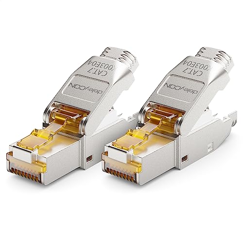 deleyCON 2x CAT 7 Netzwerkstecker Stecker RJ45 Werkzeuglos Geschirmt 10 Gbit/s 600 MHz Netzwerk Stecker für Starre Verlegekabel Rohkabel Steckverbinder RJ45 Ethernet LAN DSL Patchkabel