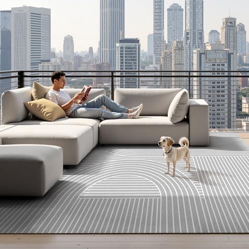 Hawthyhome Teppiche Wohnzimmer Schlafzimmer, Moderne Muster Waschbarer Kurzflor Teppich, Anti-Rutsch Unterseite, Flauschig Weich Teppiche,Grösse:150x210cm, Farbe:Graue Streifen