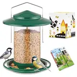 iBorn Vogelfutterspender,Metall Vogelhaus zum Aufhängen,Futterhaus für Vogel mit Futterschale,6 Futterlöcher,18 cm Wetterfest Dach,Ganzjährige Vogelfütterung,Wildvögel Futtersilo,Grün