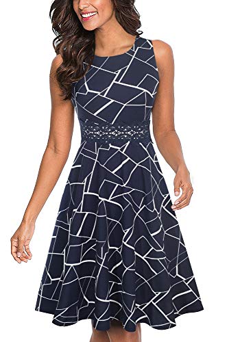 HOMEYEE Damen Vintage Rundhalsausschnitt ärmellosen Blumen Bestickt knielangen Cocktailkleid UKA079 (EU 40 = Size L, Stripe)