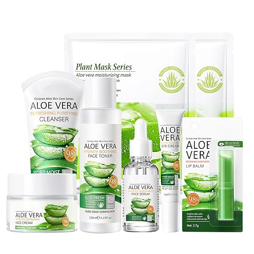 Rosarden Aloe Vera Gesichtspflege Set für Sanfte Haut Reinigung & Pflege Teenage Mädchen und Frauen, 8-tlg Poren Verkleinern und Feuchtigkeitsspendend Hautpflege Set Geschenkset