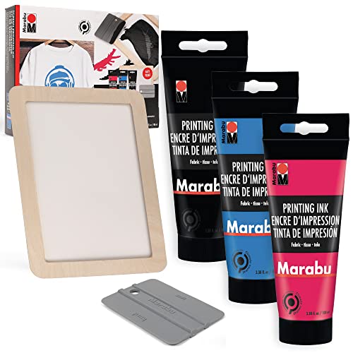 Marabu Siebdruck-Set Mit Wiederverwendbarem Holz-Siebdruckrahmen, Siebdruckrakel Und 3 X 100 Ml Siebdrucktinte - Für Anfänger