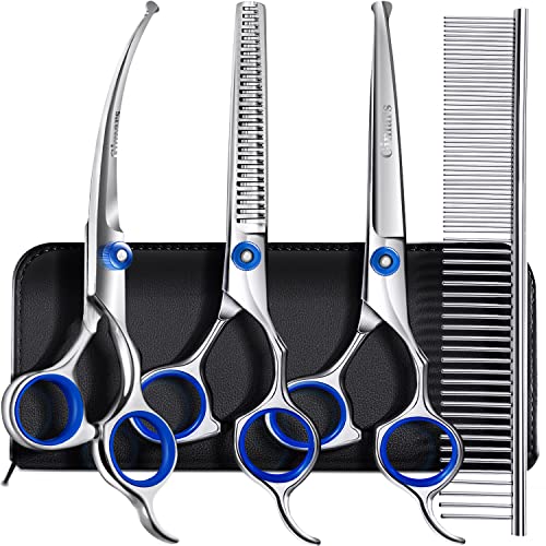 Gimars Professionelle 5-in-1 Fellschere für Hunde, 4CR mit runder Sicherheitsspitze, robuste Titanbeschichtung, gerade und Effilier- und gebogene Schere