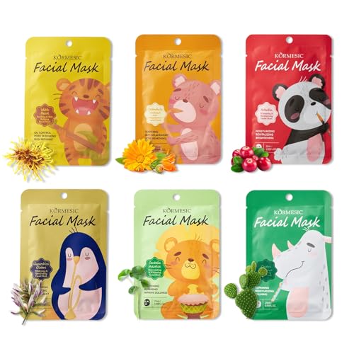 Shefave Gesichtsmasken Reparieren, Pflanze Beruhigende Maske, 6 Typen Tuchmasken Gesicht Hautpflege, Sheet Mask mit Centella Asiatica, Arbutin, Replenish Moisture Skin, After Sun Face Mask