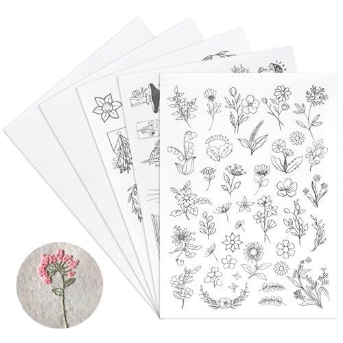 5 Stück Stickvorlagen Wasserlöslich, 3 Stück Stickvliesmit Muster und 2 Stück Leere Stickvorlagen, Stickvlies Wasserlöslich Selbstklebend,Stickvlies Wasserlöslich für Taschen, Hüte, DIY-Stickschablone
