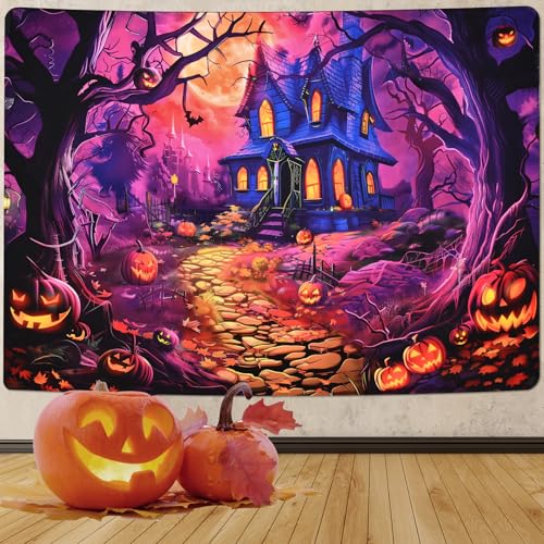 Alishomtll Halloween Wandteppich, Horror Halloween Innen Außen Wandtuch, Halloween Party Mysteriöser Wanddekor, Kürbis Schloss Fledermaus im Freien, für Schlafzimmer, 150 x 130cm