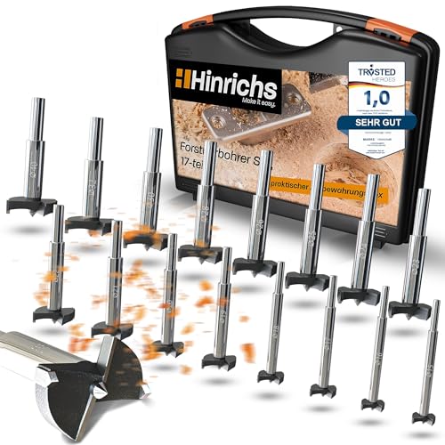 Hinrichs Forstnerbohrer Set 17 teilig im Koffer - Forstnerbohrer-Set 15 bis 40 mm - Holzbohrer - Forstner - Forsterbohrerset Fräslochborer Topfbohrer - Bohrer Holz - Lochfräser Astlochbohrer