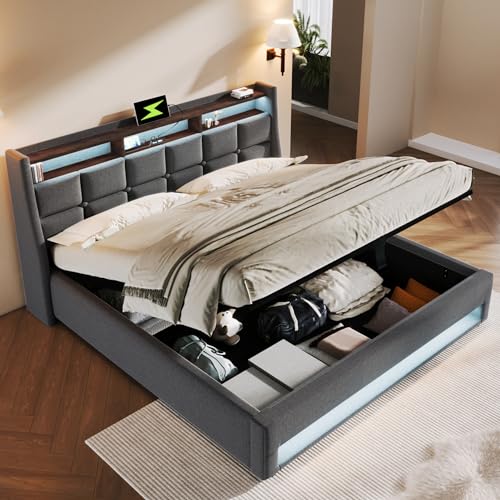DEKKETO Boxspringbett mit Stauraum, Polsterbet 160x200 Doppelbett mit LED und 2 USB-Anschluss, Hydraulisch Stauraumbett Rückenlehne Bettgestell, Lattenrost aus Holz ohne Matratze, Grau
