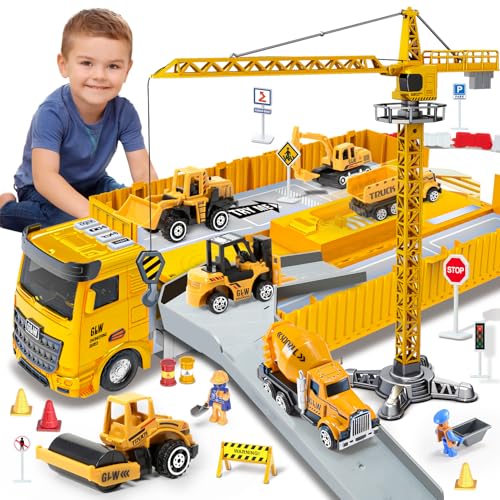Baustellenfahrzeuge für 3-7 Jahre alte Jungen Baustellenfahrzeuge Kinder Kleinkind Auto LKW Spielzeug Kran Bagger Muldenkipper Baufahrzeug Spielzeug für 3 4 5 6 7 Jahre alt Jungen Geschenke