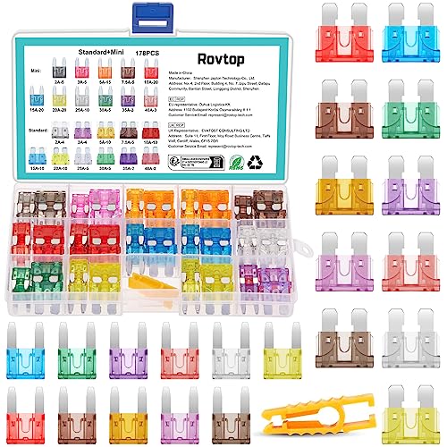 Rovtop 178Pcs Kfz Sicherungen Set, 111 Mini Flachsicherungen +67 Standard Autosicherungen (2A/3A/5A/7, 5A/10A/15A/20A/25A/30A/35A/40A) Automotive Sicherung für Auto/LKW/Motorrad/Boot, Gemischt