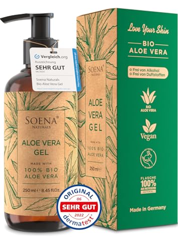 Aloe Vera Gel BIO - Vegan | Mit PUREM BLATTSAFT | 100% NATÜRLICH & REIN | Feuchtigkeitscreme Gesicht & Körper | Feuchtigkeitspflege von Soena Naturals | Bio Aloe Vera Gel - After Sun