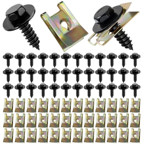 Amentalove 72 PCS Blechmutter Schraube Mutter Clip Kit, 36 Sätze Edelstahl Feder Blechnmutter und U Typ Karosserieschrauben, Kotflügelclip Blechmuttern Befestigung Clips für Auto