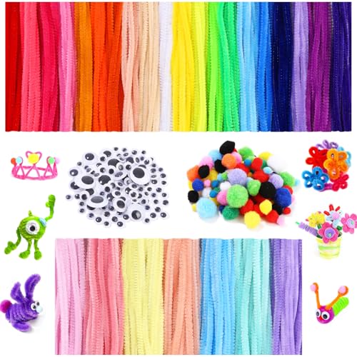 600 Stück Pfeifenreiniger Set, 27 Farben, Enthalten 400 Chenilledraht,100 Chenilledraht Pompons und 100 Wackelaugen Selbstklebend, Pfeifenputzer zum Basteln für DIY Kunst und Handwerk Dekoration
