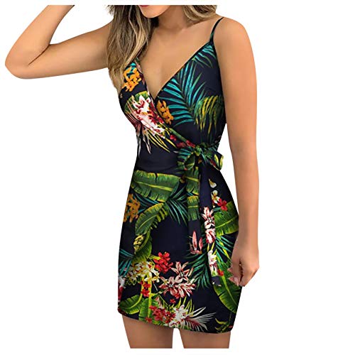 Kleid Sexy V-Ausschnitt Kleidung Schnürsenkiges Kleid Frauen reizvoll rückseitige Mode Schleuderkleid Blumendruck Kleid (Green, XXL)