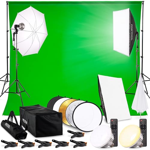 PIXETOOL Fotostudio Set - Greenscreen (3 x 3 m) mit Ständer (3 x 2,6 m) - Softbox mit Lampen Set - Green Screen Fotohintergrund - Reflektor - Studiolicht Fotolampe - Streaming Fotografie Hintergrund