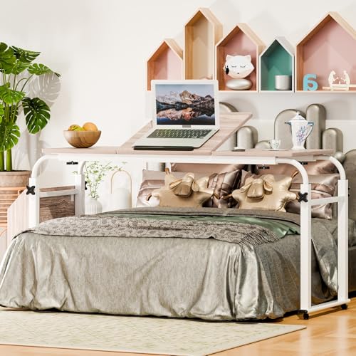 reukmuuc Schreibtisch über Bett, Tisch mit Rollen, höhenverstellbar, Rolltablett für Laptop, Schreiben, Essen, mit Ladestation, schwarz, für Wohnzimmer, Schlafzimmer und Büro, Weiß, 120 cm