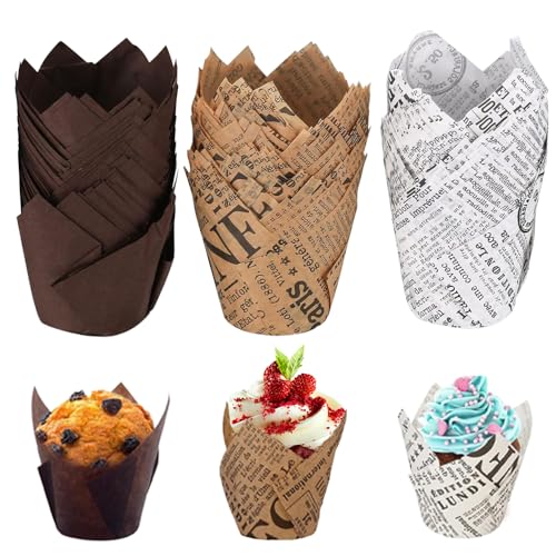 Muffinförmchen Papier, 150 Stücke Cupcake Formen, Muffins Papierförmchen, Backförmchen Papier für Hochzeiten Geburtstag Osterfeier Familientreffen Zeitung wahre Farbe, Zeitung Weiß, Braun