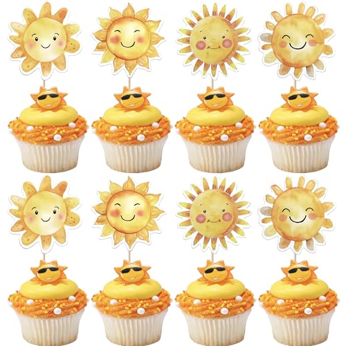Xsstarmi 36 Packung Cupcake-Topper mit Sonne, Smiley, Sonnenschein, Blume, Cupcake-Picks für Cartoon-Sonne-Thema, Babyparty, Geburtstagsparty, Kuchendekoration, Zubehör