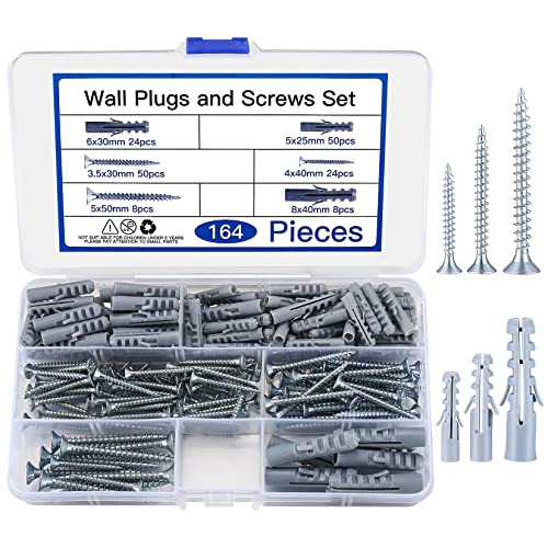 164 Stk Schrauben und Dübel Set (82 x Schlagdübel, 82 x Gipskarton Schrauben), Mauerwerksziegel Betonwand Selbstbohrende Schrauben und Gipskartondübel Ankerbolzen, M3,5/M4/M5/M6/M8