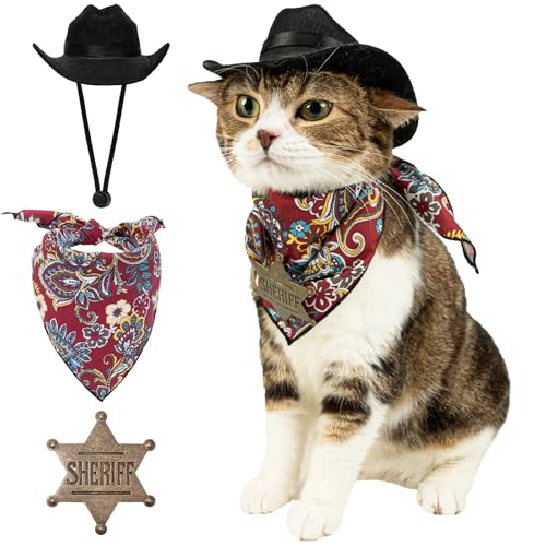 Wodison Cowboy-Kostüm-Set für Hunde und Katzen, Cosplay, Cowboyhut, Bandana, Schal, Sheriff-Abzeichen, Hippie-Kostüm, Cosplay-Zubehör für Welpen, Katzen, Haustier-Urlaub, Party-Dekoration (Schwarz,