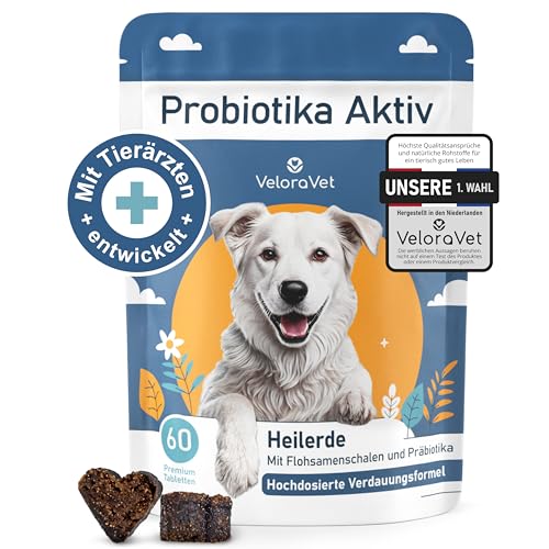 VeloraVet Probiotika Hund – Magen Darmsanierung & Darmkur für Hunde-Darmflora, Präbiotika, Flohsamenschalen & Heilerde, Tierärztlich empfohlen bei Durchfall, Sodbrennen – 60 Probiotika Tabletten