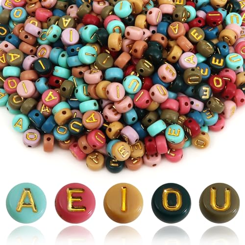 TOAOB 500 Stück 4x7mm Buchstabenperlen Vokale Bunte Buchstabenperlen A E I O U Rund Acryl Spacer Perlen für Schmuckherstellung