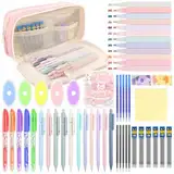 YnewL 54 Stück Schulzubehör mit Mäppchen, 12 Textmarker, 5 Löschbare Stifte, 5 Neutrale Stifte, 6 Druckbleistifte, Aesthetic School Stuff Schulbedarf, Bürobedarf, Schreibwaren Set für Schüler (Rosa)