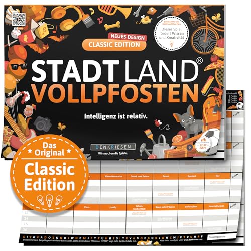 DENKRIESEN Stadt Land VOLLPFOSTEN® - Classic Edition | Wortspiel für 2-50 Spieler | Familienspiel ab 9 Jahren | Stadt Land Fluss | Gesellschaftsspiel & lustiges Partyspiel im DIN A4 Format