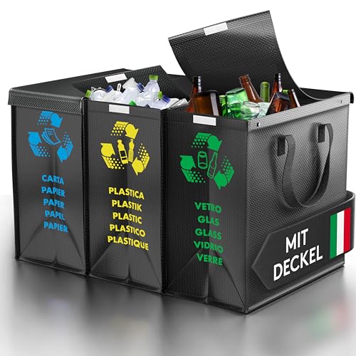 PTMS® Mülltrennsystem Taschen für Papier, Glas und Plastik - Umweltfreundliche Mülleimer 3 Fächer - Recycling Organizer Taschen aus resistenten und wiederverwendbaren Materialien - Einfache Entleerung