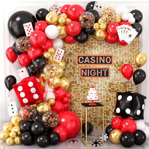 Tacobear Casino Geburtstagsdeko Party Deko Erwachsene Kinder mit Schwarz Rot Gold Luftballons Girlande Ballonbogen Zubehör Würfel Spielkarten für Poker Party Las Vegas Clubs Kindergeburtstag Deko