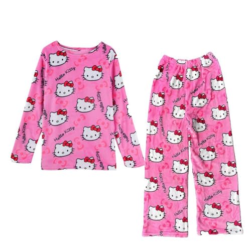 Pyjamas Hose Damen,Flanell Schlafanzug Damen lang Set,Kitty Pyjamas Hose Weich Kawaii Pyjamas Hose Damen Anime Bequeme Warme Pyjamas Schlafhose Set Home Herbst-Winter Pyjama Hose (S,pink)