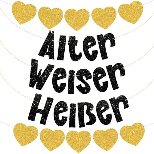 Deko Geburtstag Girlande Frau Mann - Lustige Geburtstagsdeko Älter Weiser Heißer Banner, Glitzer Geburtstagsgirlande für Frauen Männer Geburtstagsfeier Dekoration (Schwarz Gold)