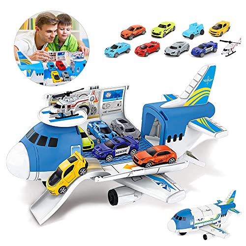 Fiotha Transport Flugzeug Spielzeug, Flugzeug Spielzeug, Spielzeugautos für Kinder, 8 Autos + 1 Flugzeugs +1 Flugzeuglagerung, für ab 3-6 Jahre Junge Kinder