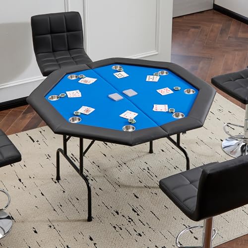 Mingone Achteckig Pokertisch Klappbar für bis zu 8 Spieler Poker Table, Getränkehalter aus Edelstahl Spieltisch, Blackjack, Roulette Tisch, Deko Casino Pokermit 120x120 cm, gepolsterte Armauflage blau