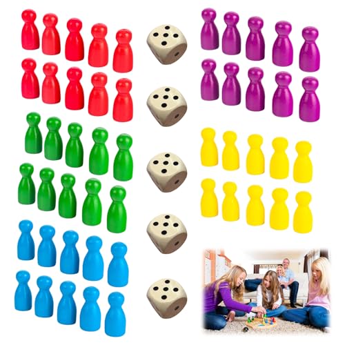 Zephyra 50 PCS Bunte Spielfiguren Aus Holz Für Brettspiele,Holzpuppen Spielfiguren,Halmakegel Aus Holz,mit 5 Würfel,Halmakegel,Spielkegel Set für Lern Brettspiele (Rot,Gelb,Blau,Grün,Violett)