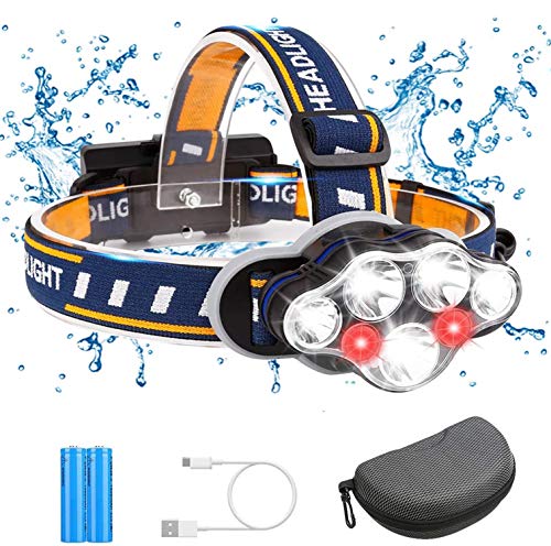Yiyicas 7 LED Stirnlampe mit Batterien, wasserdichter Kopflampe USB Stirnlampe wiederaufladbar,18000 Lumen 8 Modi Kopflampe mit Rot weiß Warnlicht für Outdoor Camping Wandern Arbeiten