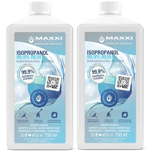 Maxxi Clean | 2x 750 ml reines Isopropanol (99,9%) Reinigungsalkohol | Fettlöser & Lösungsmittel | rückstandsfrei anwendbar zur Reinigung von elekt. Bauteilen, Schallplatten, Druckköpfen und mehr