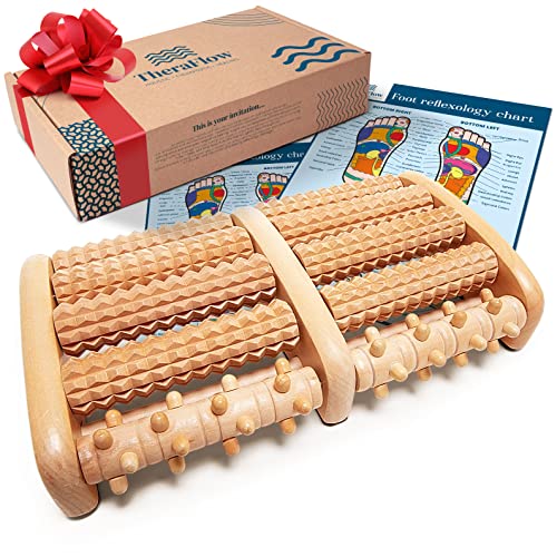 TheraFlow Fußmassagerolle fur Plantarfasziitis Holz inkl. Fußreflexzonenkarte - Fußmassagegerät, Fußmassage Fersensporn Massagegerät für Füße, Fußreflexzonenmas und Fußschmerzlinderung