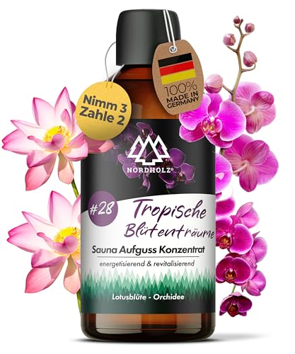 NORDHOLZ® Saunaaufguss [54 Sorten 15ml, 100ml, 250ml] - Sauna Aufgussmittel für intensive & erholsame - Sauna Zubehör (#28 Tropische Blütenträume, 100ml)