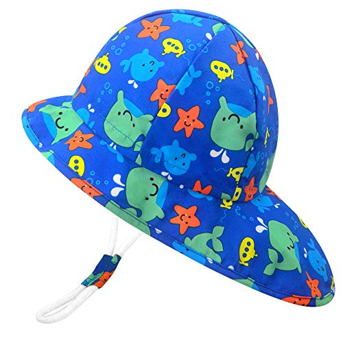Sonnenhut mit Nackenschutz für Baby Mädchen Jungen Anti-UV UPF50+ Sommerhut für Strand, Schwimmbad, Angeln, Reise, Ausflug Hut mit Kinnriemen Verstellbar, Blau-Wal, 18 Monate(Herstellergröße 48cm)