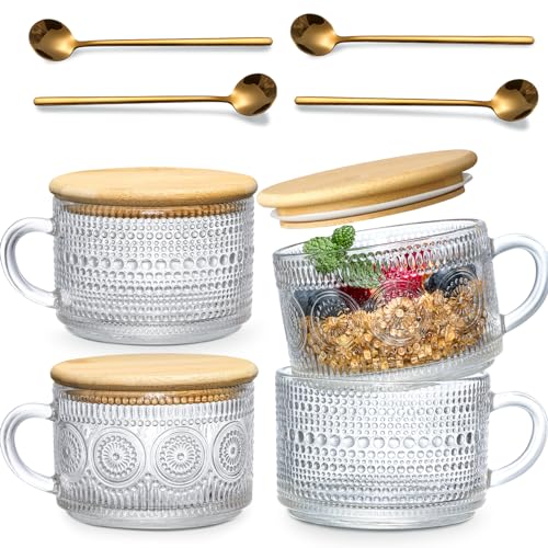 4-teiliges Set Vintage-Kaffeetassen, Glasbecher mit Bambusdeckel und Löffeln – 400 ml transparente geprägte Trinkgläser, niedliches Kaffee-Bar-Zubehör, Eiskaffeegläser, Tee, Müsli