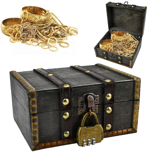 LPAMABA Vintage Holz Schatztruhe Schatzkiste Holz mit Schloss Holztruhe Piratenkiste Piratenschatztruhe Schatztruhe Kinder Lagerung Schmuckkästchen fürAufbewahren und Dekorieren, 14.5 x 12 x 8 cm