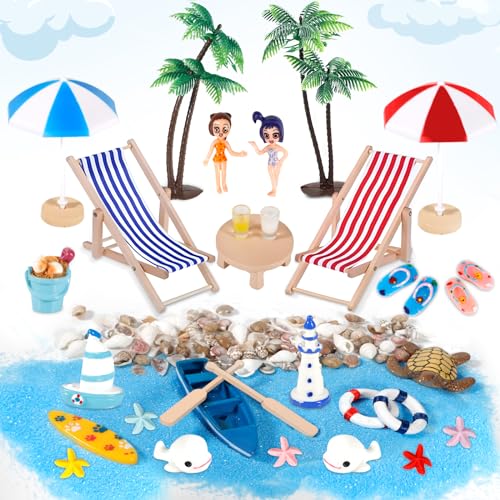 POWZOO Strand-Mikrolandschaft 42 Stück Mini-Stranddekorationen Miniliegestuhl Kleine Palme Deko Muscheln Deko Schildkröte Deko für DIY Zen Garten Dekoration Einzigartiges Geschenk