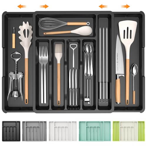 iDavosic.ly Besteckkasten für Schubladen, Erweiterbarer Besteckeinsatz für Schubladen Cutlery 0rganizer Küche, Verstellbarer Besteckhalter Besteck Spoon Gabeln Kunststoff Messer, Schwarz