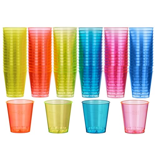 MATANA 60 Bunte Shotgläser Plastik, Schnapsgläser (3cl) - Neon Becher Schwarzlicht - Shot Becher, Schnapsbecher, Plastik Pinnchen, Schnaps Becher, Shotbecher - Party Zubehör - Stabil & Mehrweg