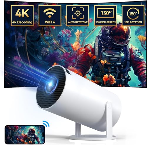 Mini Beamer mit 4K 1080-Unterstützung Tragbarer Projektor mit 180°-Drehung 130-Zoll-Bildschirm Filmprojektor Automatische Trapezkorrektur Kompatibel mit Computern, Mobiltelefonen, Heimkinovideos