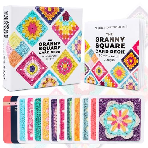 AKONE Granny Square Häkel-Karten, Häkeln Buch mit Mixen&Matchen 50 Stück Designs, Granny Square Card Deck Häkel Karten Mit Schrift und Foto zu Jedem Granny-Square und praktischem So-geht's-Booklet
