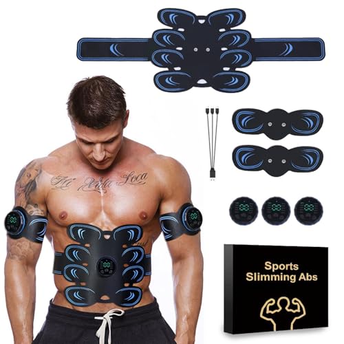 EMS Bauchmuskeltrainer, ABS/Arm Trainingsgerät, Elektrisch Muskelstimulationsgeräte, 10 Modi und 30 Intensitäten, LCD Bildschirm muskelstimulato, Sicher Effektiv Schneller, 16 Stück Ersatz-Hydrogels